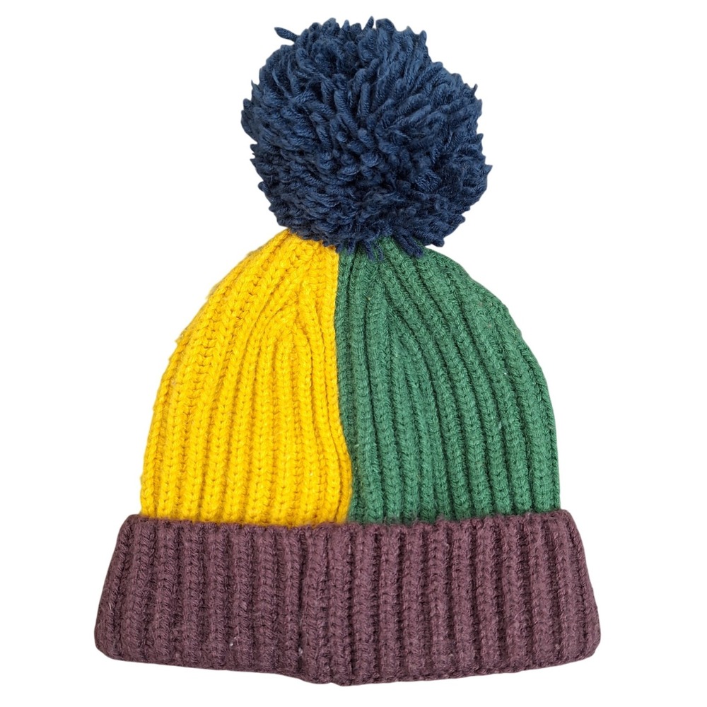 babyGap Kids Colorblock Ribbed‎ Knit Pom Beanie Hat Yellow Green Brown S/M 2-3Y